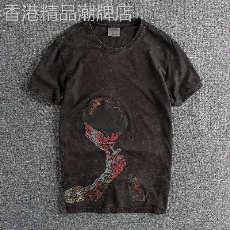代购潮牌2021夏季复古水洗做旧青年个性半袖男士圆领短袖T恤