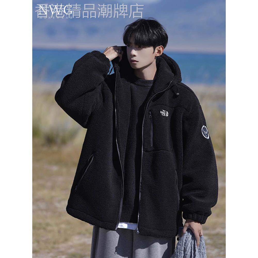 羊羔毛棉服男冬季新款加绒加厚日系百搭宽松连帽外套休闲保暖棉衣