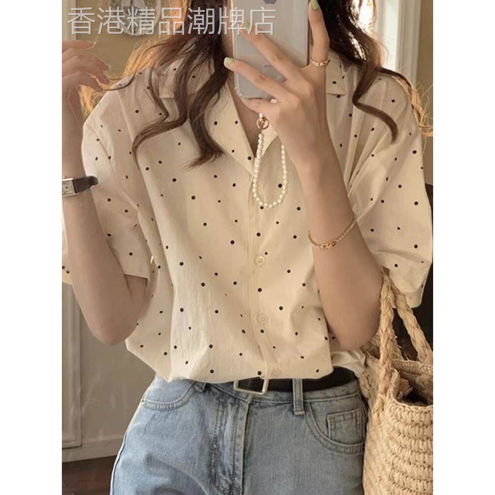 日系夏季别致漂亮波点短袖衬衫女设计感小众翻领温柔系凡尔赛上衣