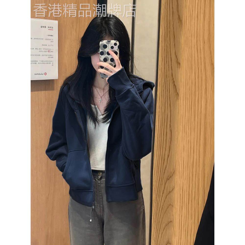 藏蓝色正肩薄外套女款春秋季短款卫衣小个子早秋上衣开衫2025新款