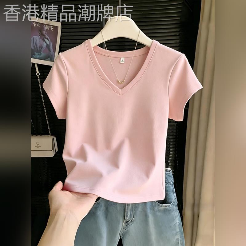 潮牌正肩V领短袖T恤女2026夏季新款纯色修身显瘦小个子短款上衣