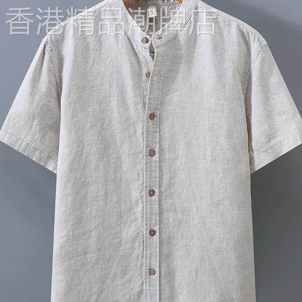100%纯亚麻短袖中式立领唐装 水洗复古休闲衬衫男装