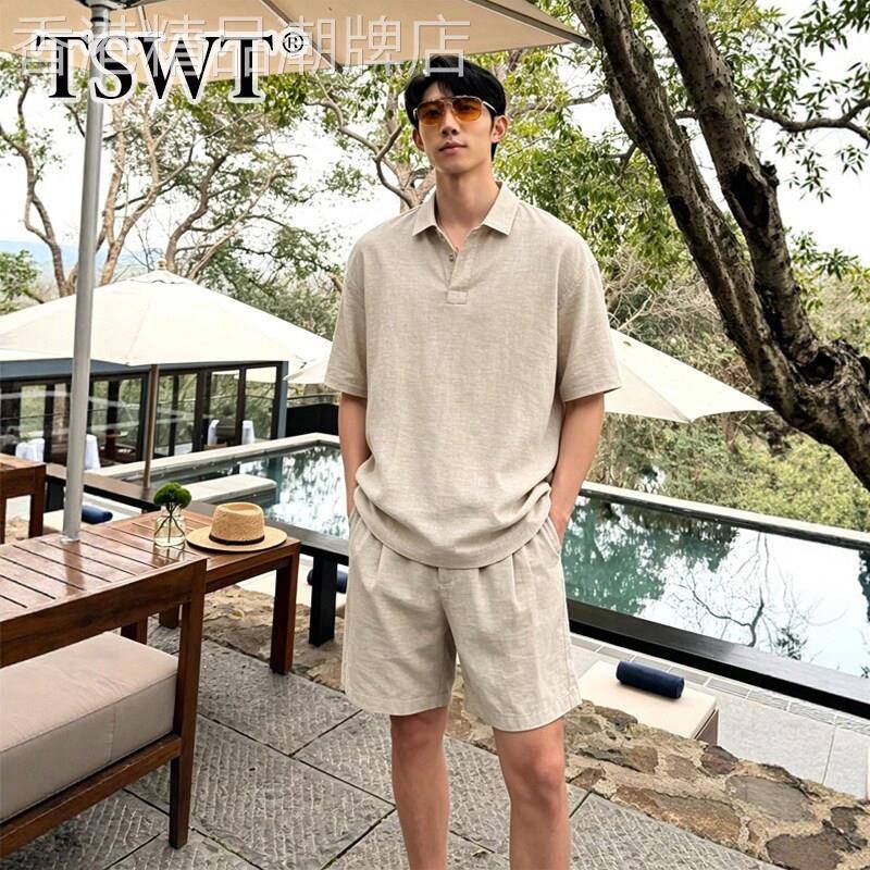 高端老钱风彷亚麻套装男款夏季薄款冰丝速干polo衫沙滩短裤两件套
