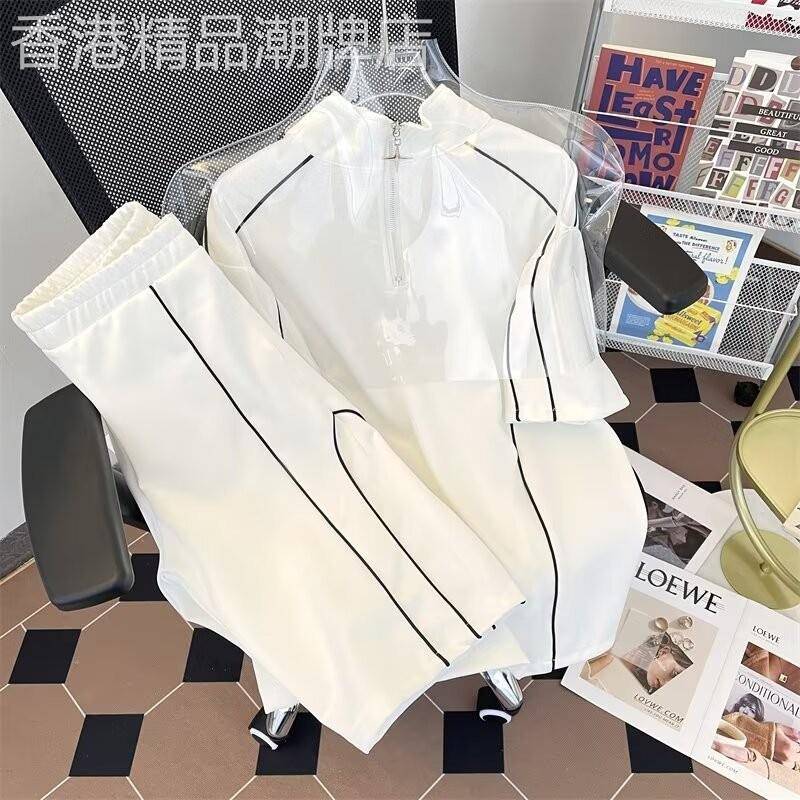 MK潮牌运动套装男夏季薄款宽松白色半拉炼短袖T恤男士休闲短裤