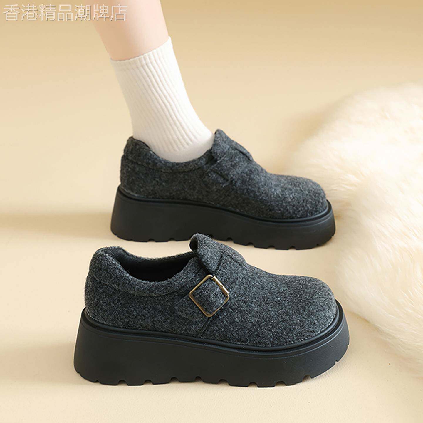 冬季厚底勃肯鞋女全包一脚蹬防滑加绒毛毛棉鞋软底不累脚乐福鞋