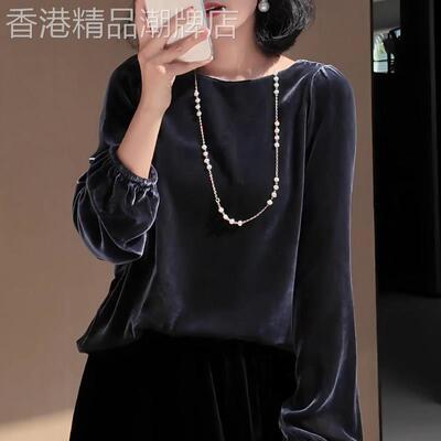 超好看深蓝色丝绒上衣女2026年春季新款时尚大气高级气质长袖上衣