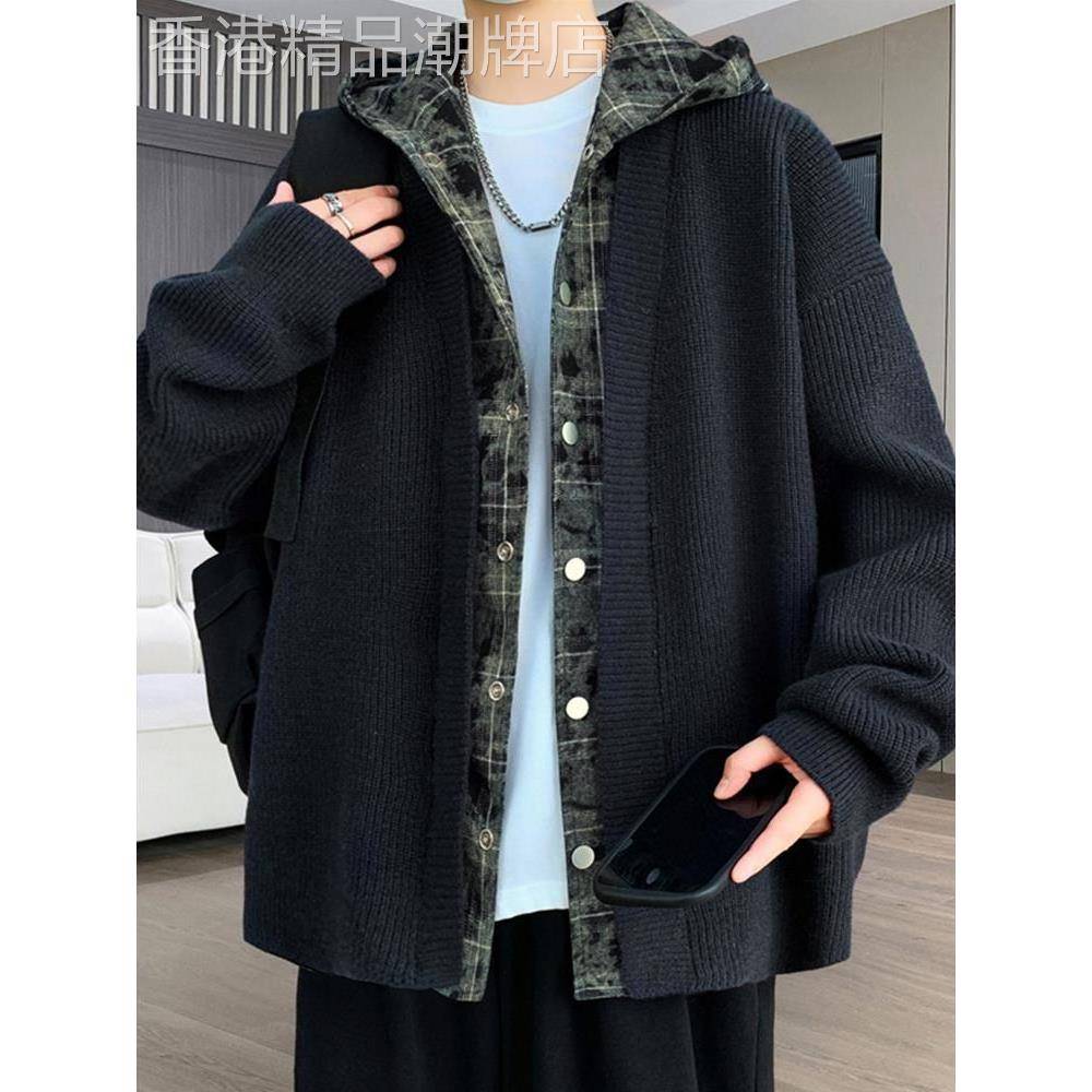 潮牌连帽设计感针织衫男秋冬新款高级时尚假两件外套韩版开衫褂子