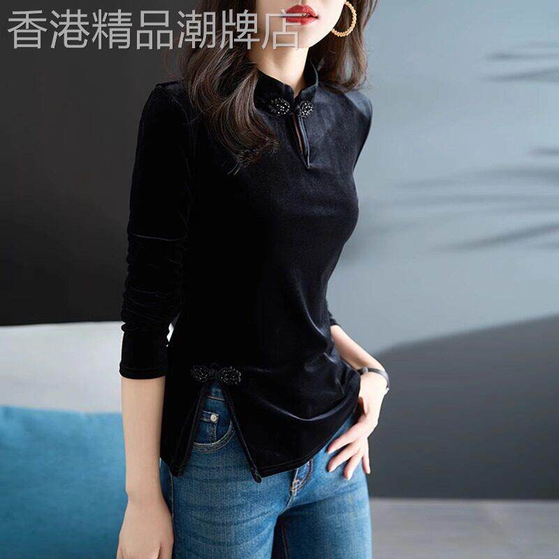 旗袍领打底衫女春秋2025新款中式改良修身显瘦金丝绒黑色长袖上衣