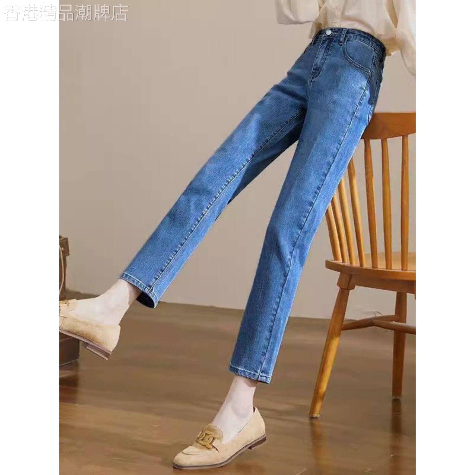 韩国蓝色直筒牛仔裤女2025春秋新款八九分小个子显高高腰显瘦烟管