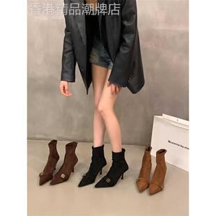 香港尖头高跟靴绒面瘦瘦靴短靴女靴子2025年冬季配裙子棕色小裸靴