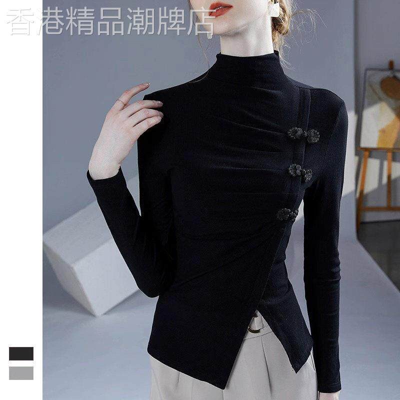黑色半高领打底衫女春秋季2025新款内搭时尚洋气修身盘扣长袖上衣