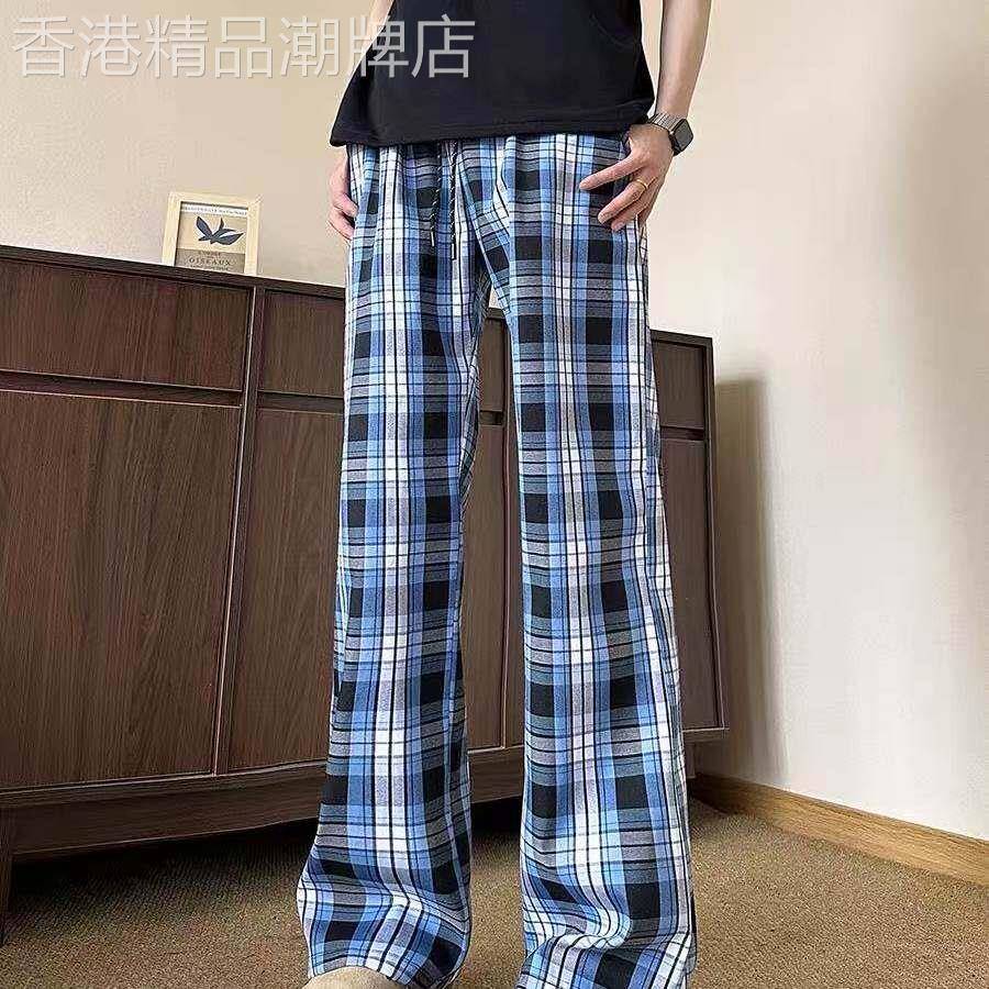 蓝色格子休闲裤男夏季潮牌宽松拼接运动裤潮流百搭拼色直筒长裤子
