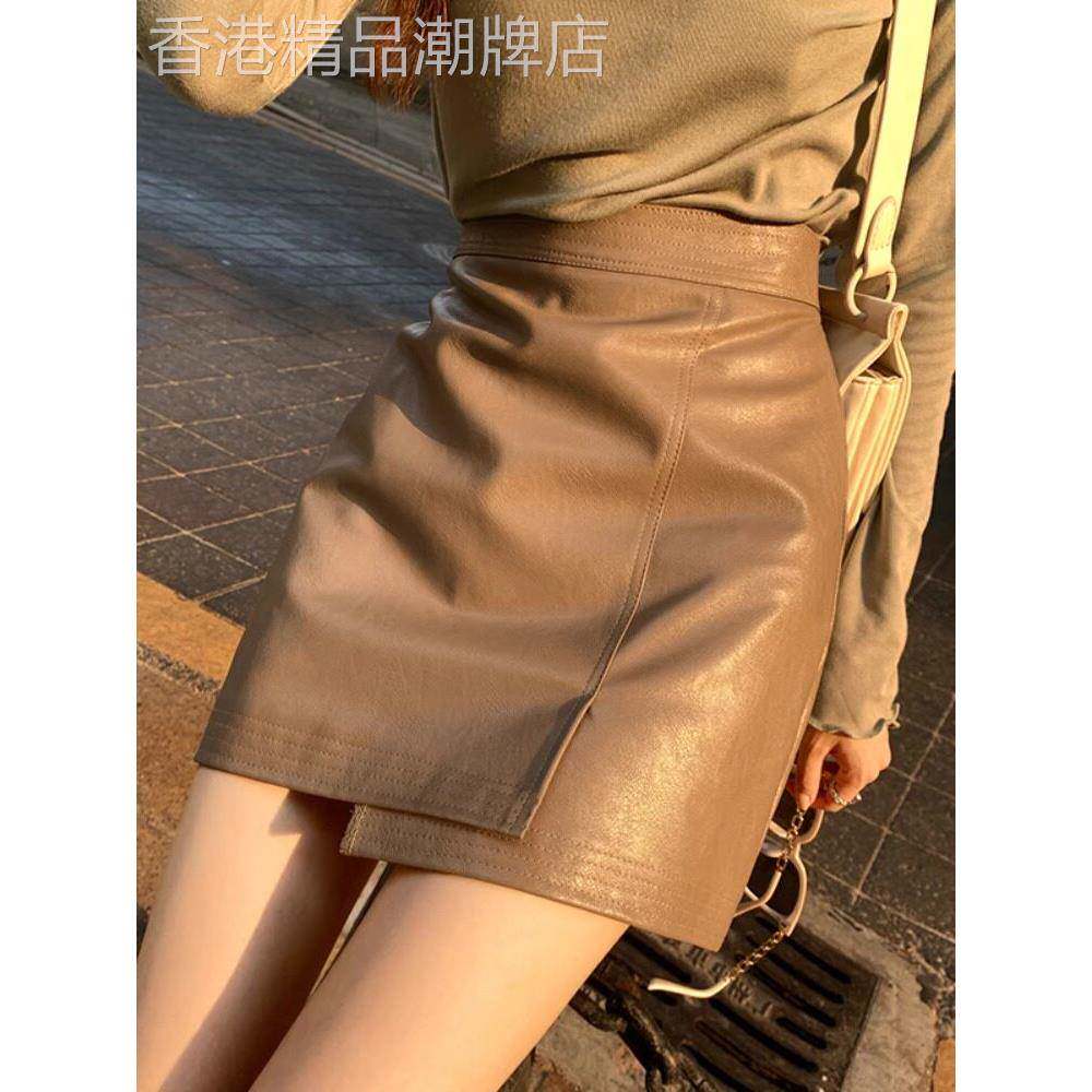 卡其色皮裙半身裙女2025新款春秋季小个子显瘦a字高腰包臀短裙子