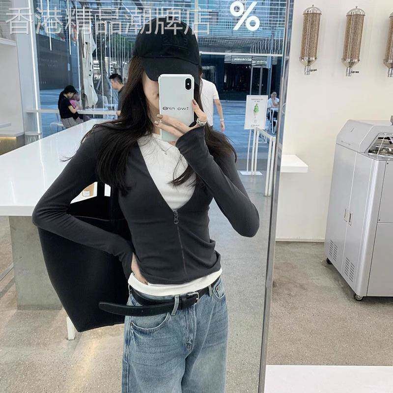 黑色假两件长袖T恤女2025秋季新款设计感小个子短款辣妹开衫上衣