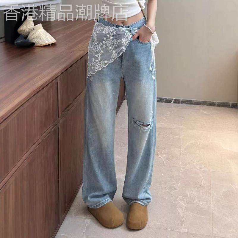 烫钻破洞直筒牛仔裤女夏季薄款2025新款小个子高腰显瘦百搭阔腿裤