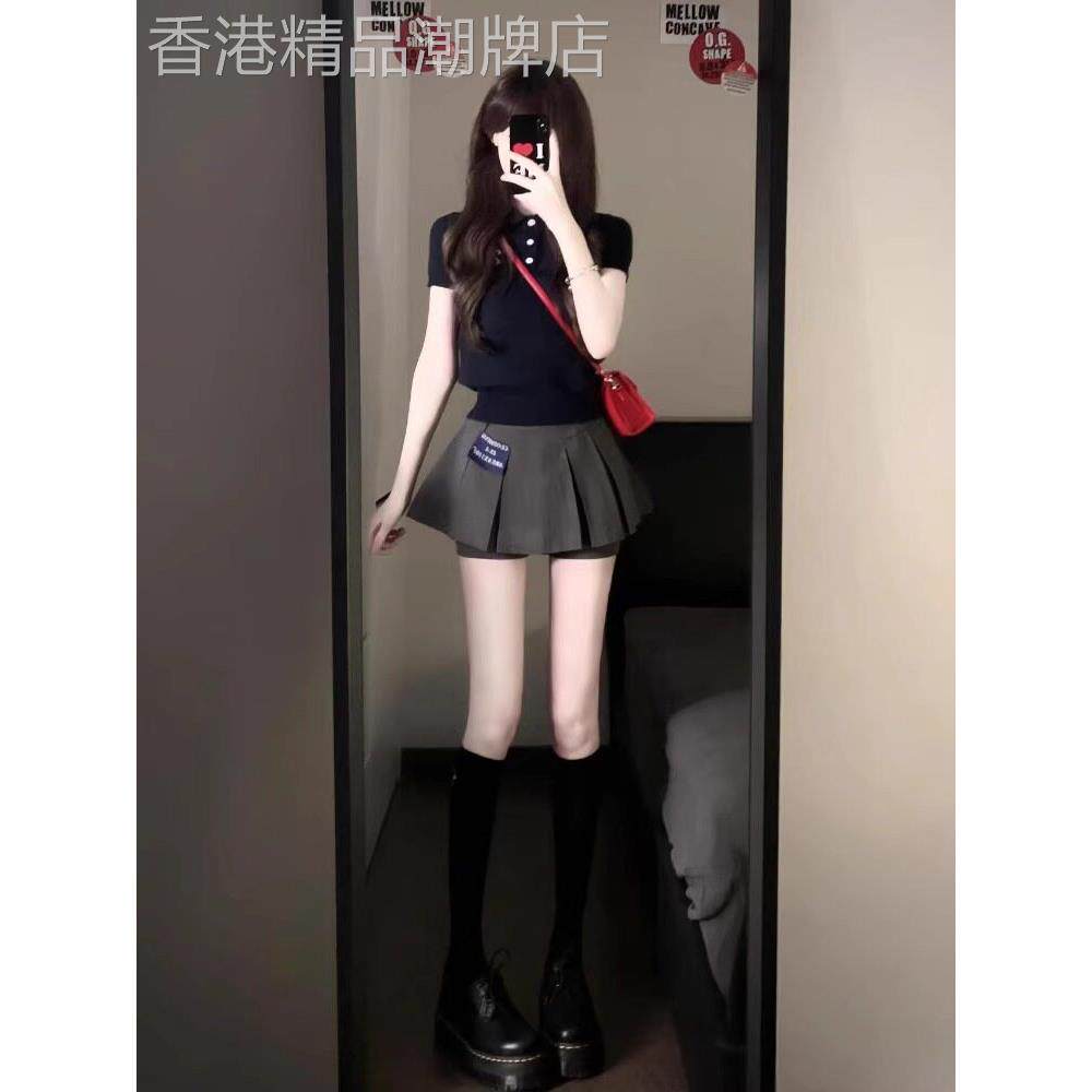 日系夏季小个子穿搭黑色短袖polo领上衣百褶短裙可盐可甜两件套女