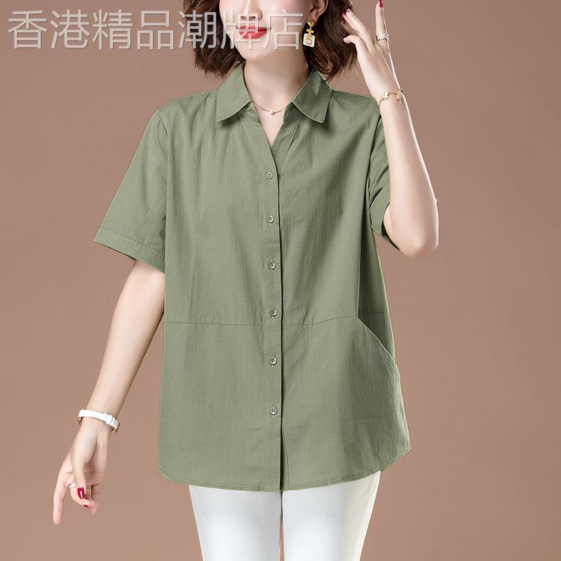 中老年妈妈纯棉短袖衬衫女夏季新款宽松大码遮肚子胖妈妈开衫衬衣