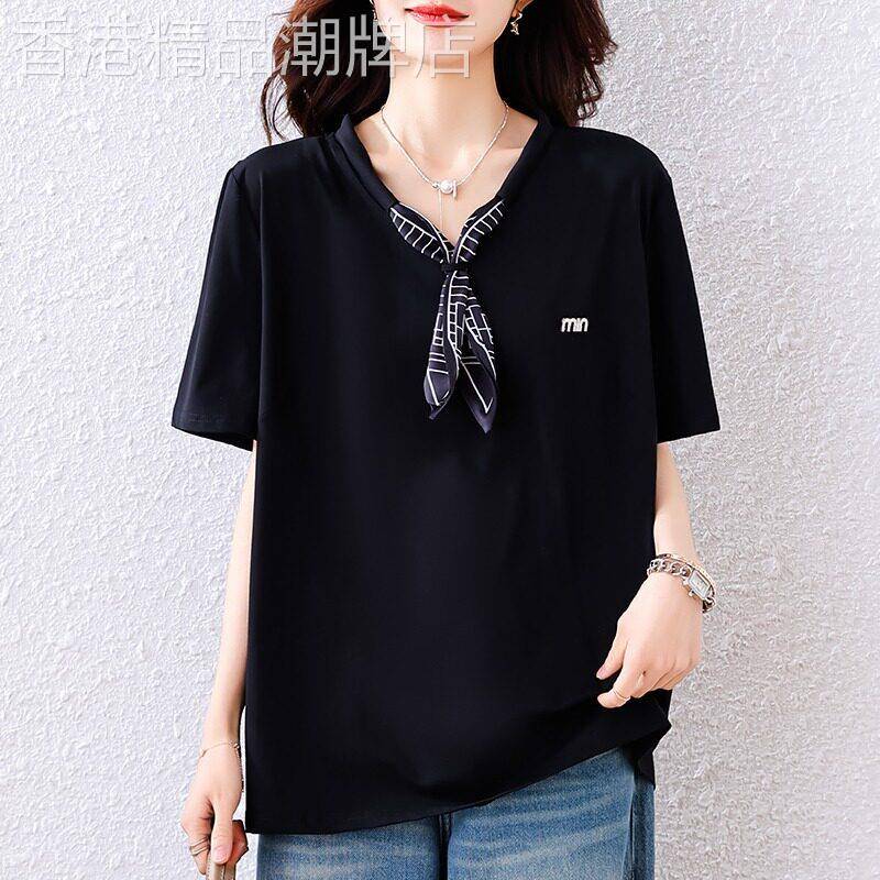 黑色方巾短袖T恤时尚短衬衫女夏季新款欧洲站大尺码宽松遮肚休闲