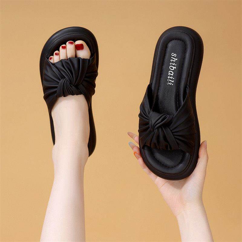 香港真皮厚底拖鞋女夏外穿2026新款法式褶皱高级感配裙子沙滩凉鞋