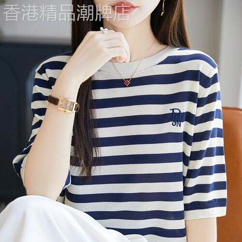 透气凉感天丝莱赛尔针织短袖女夏季薄款经典条纹撞色刺绣圆领T恤