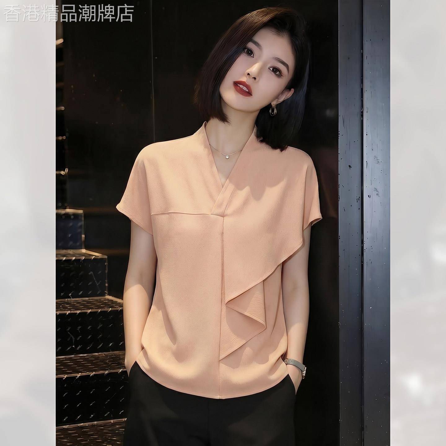 显瘦V领宽松套头短袖衬衫女装夏季2026年新款百搭上衣设计感洋派