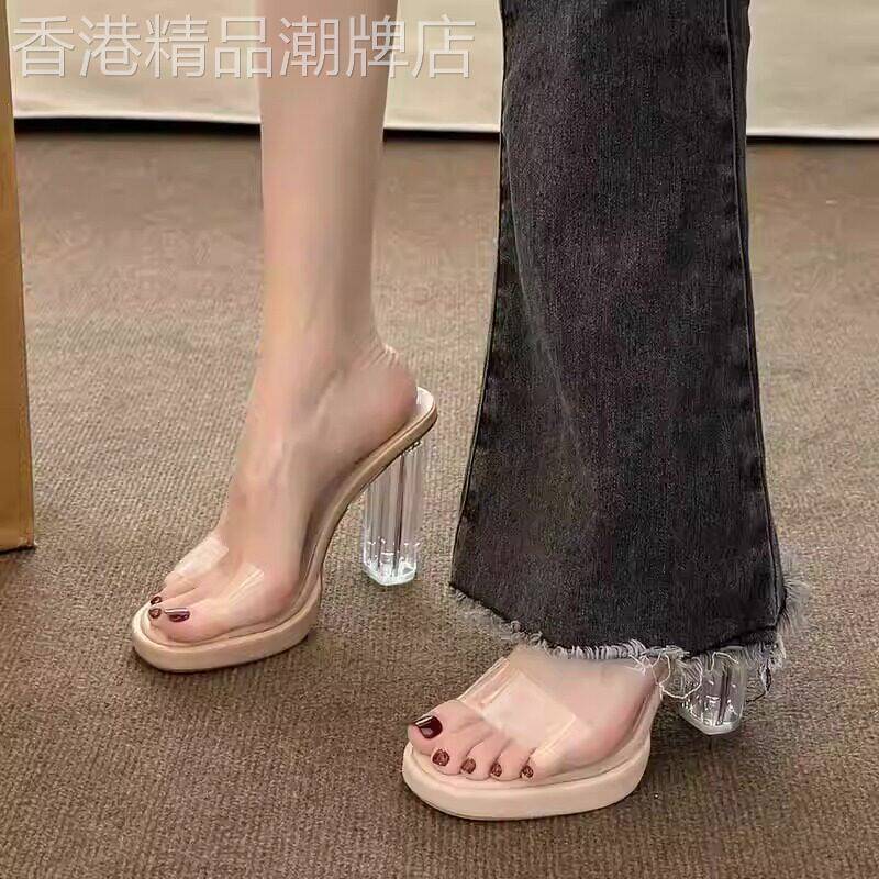 潮牌水晶拖鞋女款夏季外穿仙女法式透明高跟鞋粗跟凉鞋不累脚凉拖