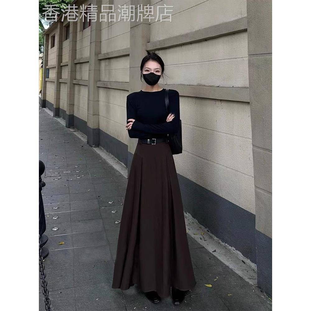 咖色西装半身裙女2026春季新款高腰显瘦大摆伞裙中长版气质百褶裙