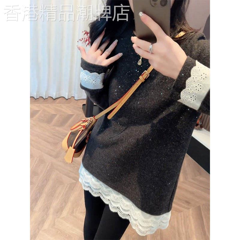 撞色蕾丝花边拼接打底衫女春季中长版遮屁股T恤内搭配鲨鱼裤上衣