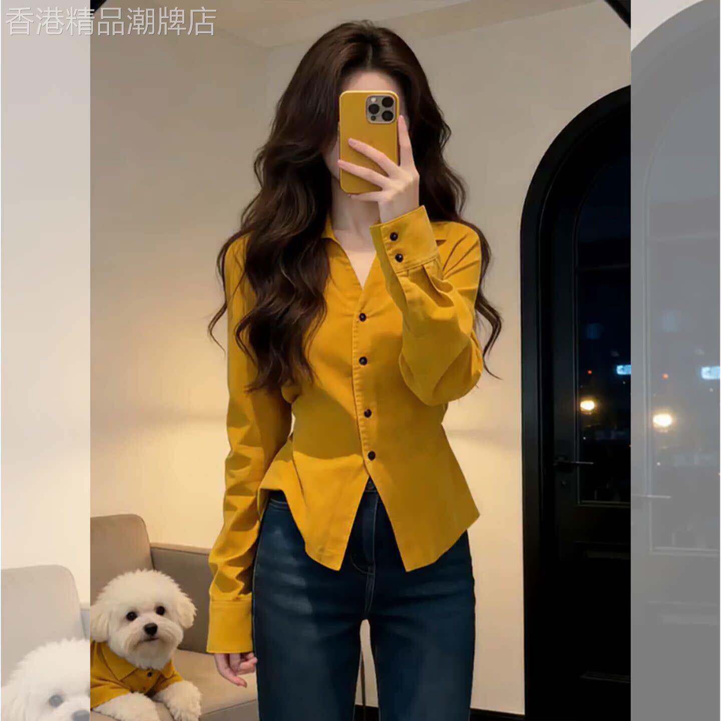 早春巨好看韩系漂亮黄色长袖衬衫女上衣法式时尚修身收腰翻领衬衣