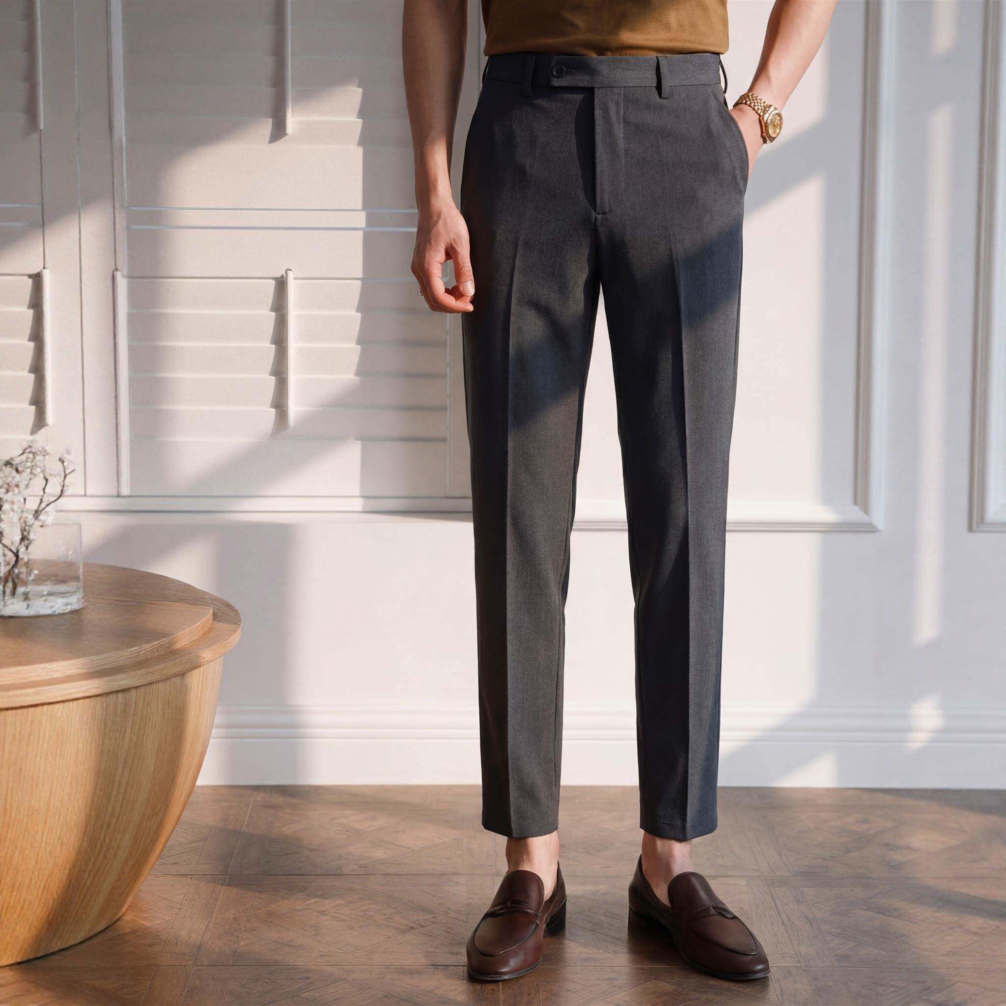 潮牌春夏款男士高级职业商务直筒长裤男修身抗皱九分弹力休闲西裤