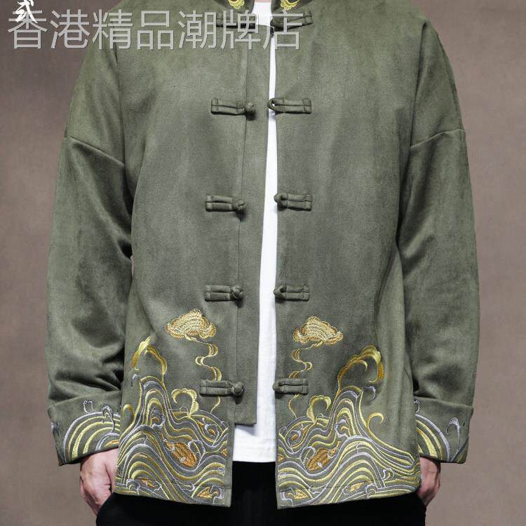 高档国风刺绣休闲唐装外套男士秋冬宽松大尺码圆领中山装外套茶禅