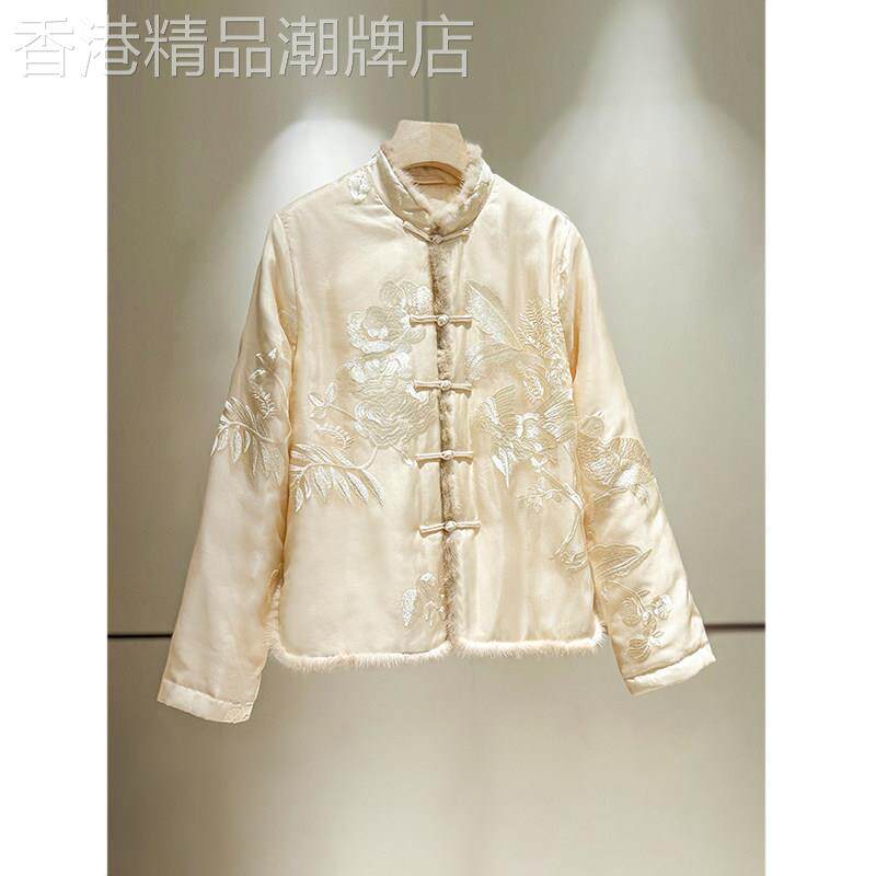 真丝刺绣新中式国风盘扣棉服女冬2025新款水貂毛领高级感夹棉外套