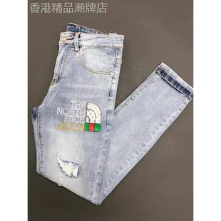 欧洲热钻石破洞男子牛仔裤印花时髦的弹性修身裤经典的多功能男子