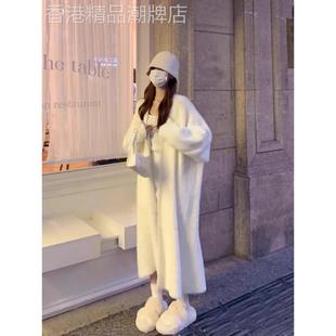 2024秋冬新款白色水貂绒开衫毛衣中长款宽松慵懒风针织外套大衣