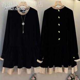 香港欧货胖mm气质花边设计减龄娃娃裙大码女装显瘦甜美丝绒连衣裙