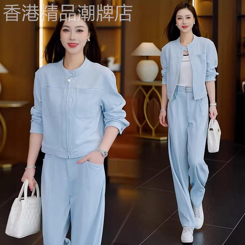 香港代购休闲运动套装女春秋新款显瘦圆领开衫短外套阔腿裤两件套