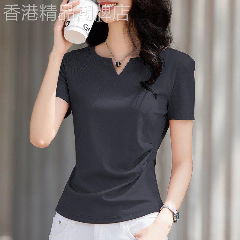 韩国夏季新款简约时尚V领正肩纯色短袖T恤女抽褶收腰修身显瘦上衣