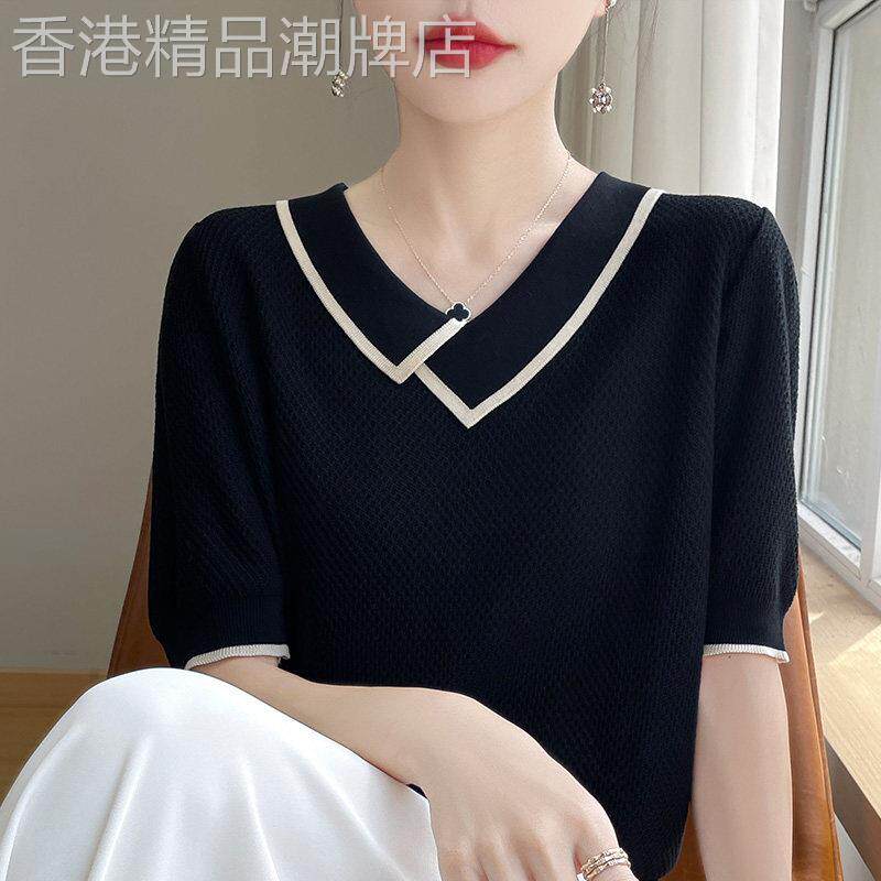 不规则娃娃领天丝针织短袖女夏季新款正肩莱塞尔洋派减龄翻领t恤