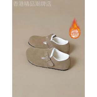 香港真皮软底舒适一脚蹬勃肯鞋女秋冬新款厚底全包小土豆加绒棉鞋