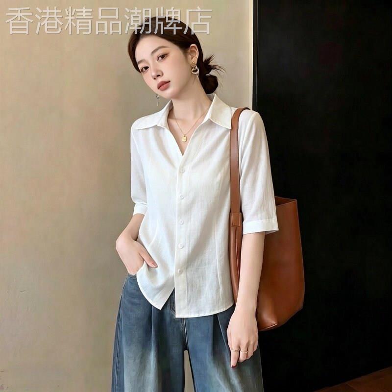 潮牌高级感老钱风V领正肩短袖衬衫女2026夏大尺码胖mm薄款棉麻上