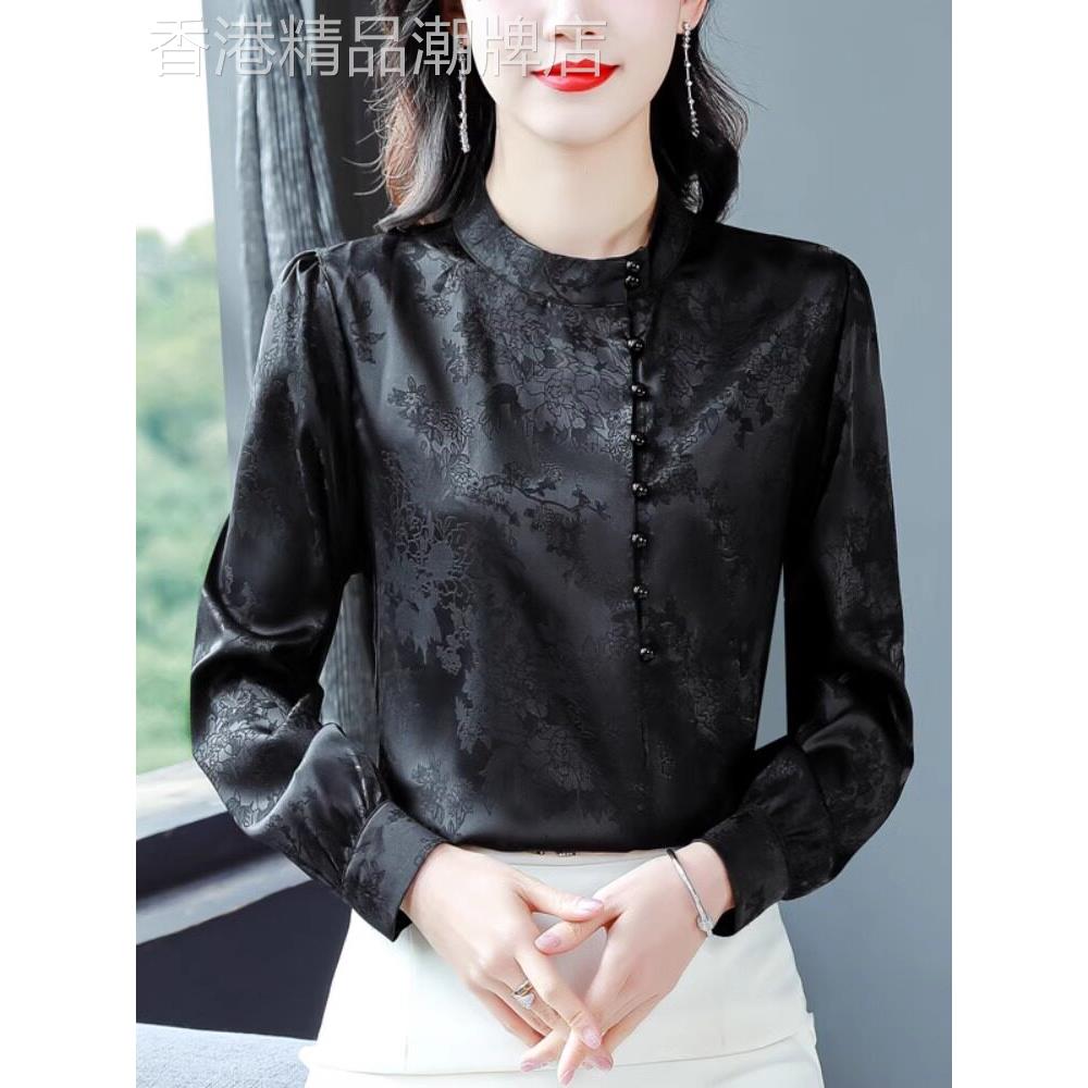 潮牌中国风立领衬衫女士长袖春季2025年新款香云纱印花上衣服小衫