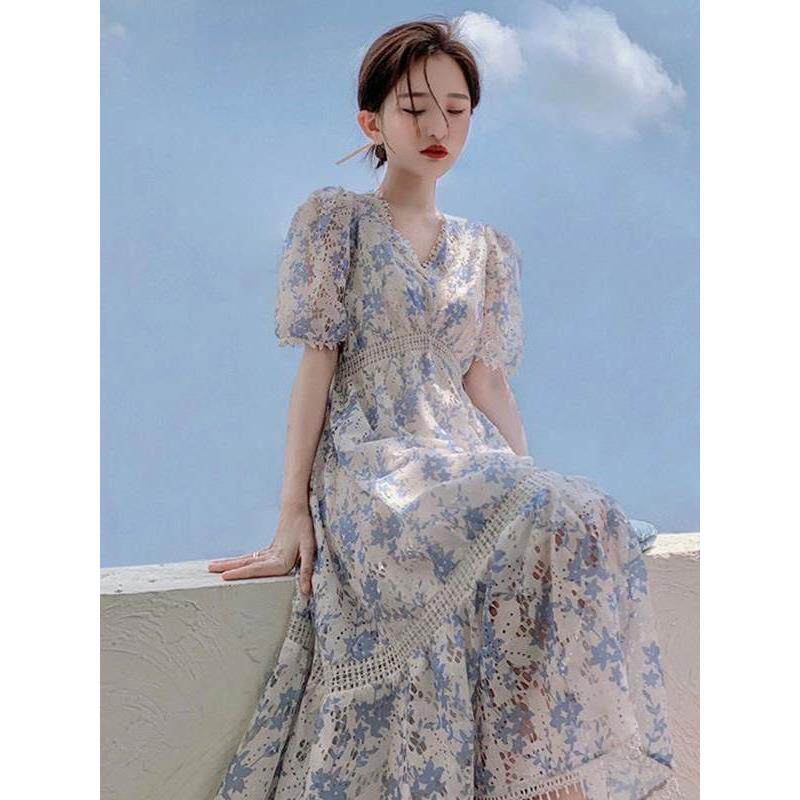 欧洲夏日美裙茶破法式长裙设计仙女泡芙袖花裙
