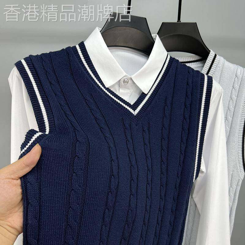 毛衣背心男马甲纯棉V领秋冬季男装无袖坎肩线衣针织外套修身潮流
