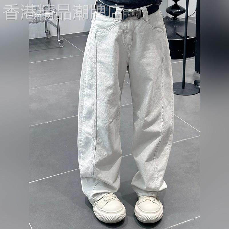 白色阔腿牛仔裤男士2026年新款春秋季男裤弯刀直筒工装长裤子男款