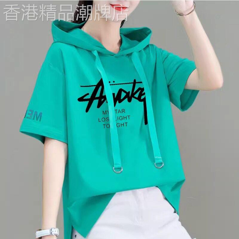连帽短袖t恤女夏季薄款2026新款宽松大码显瘦设计感半袖体恤上衣