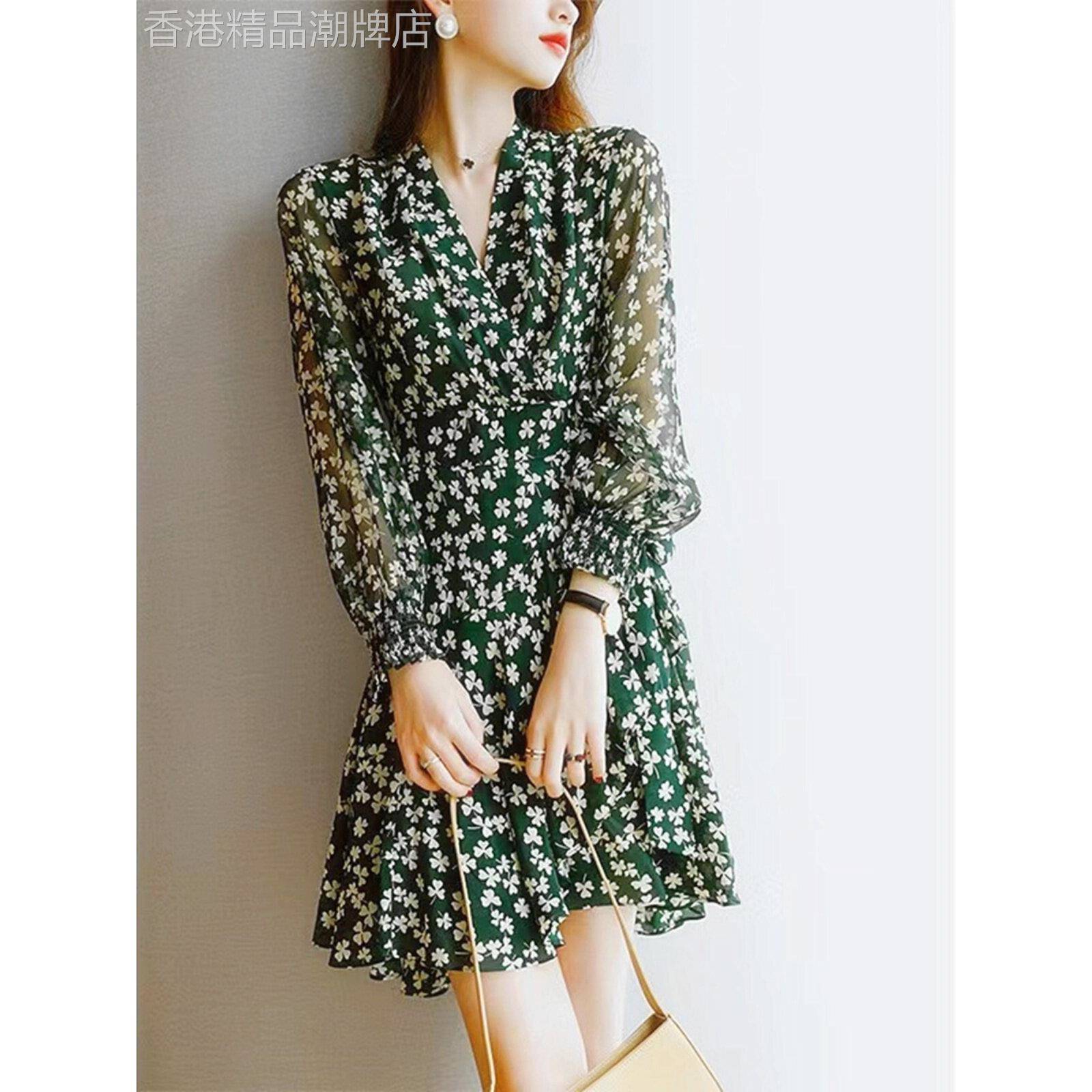 法式高级感连衣裙女2025春秋新款V领长袖收腰显瘦气质时尚碎花裙