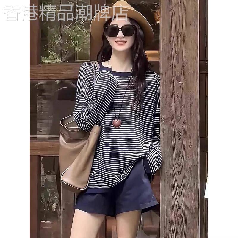 条纹长袖t恤女夏季2026欧货新款慵懒防晒罩衫休闲中长款圆领上衣
