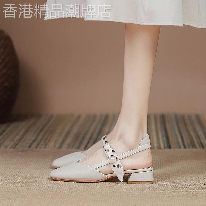 真皮粗跟包头凉鞋女2026夏季新款法式仙女丝带中跟气质玛丽珍单鞋