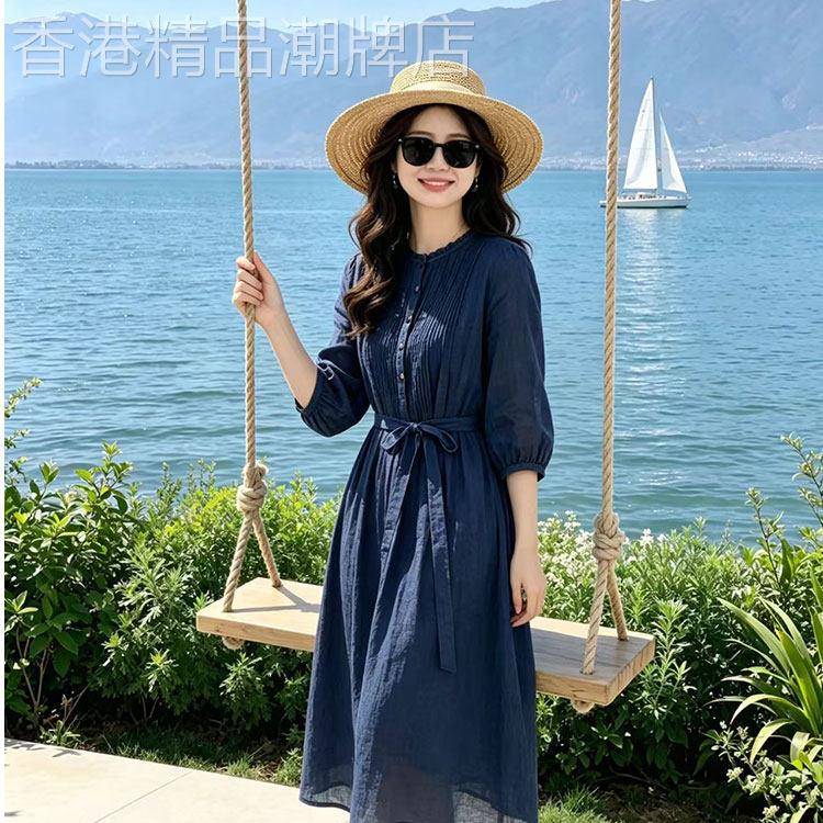 夏季复古文艺风100支高端苎麻连衣裙女风琴褶宽松旅游大摆仙女裙