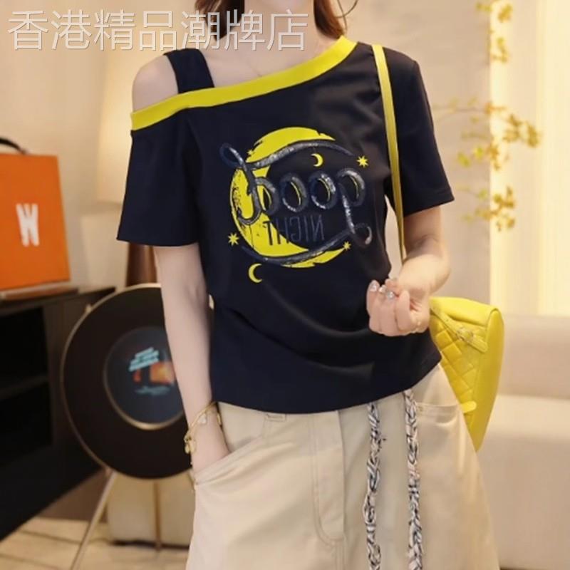 假两件短袖t恤女夏季大尺码遮肚收腰显瘦纯棉高级感斜领露肩上衣